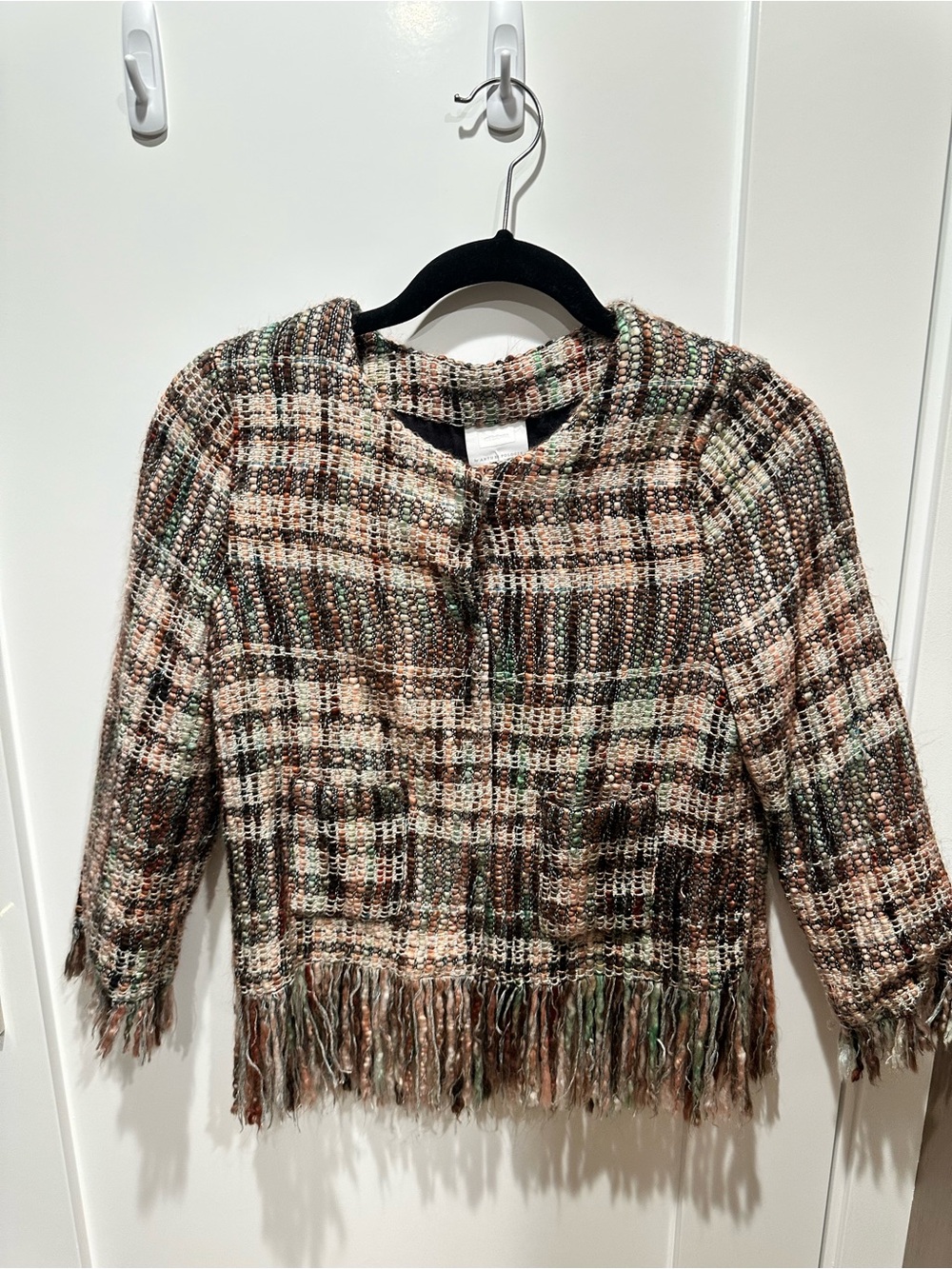 Anthropologie Brown Multi Tweed Fringe Hem Jacket
